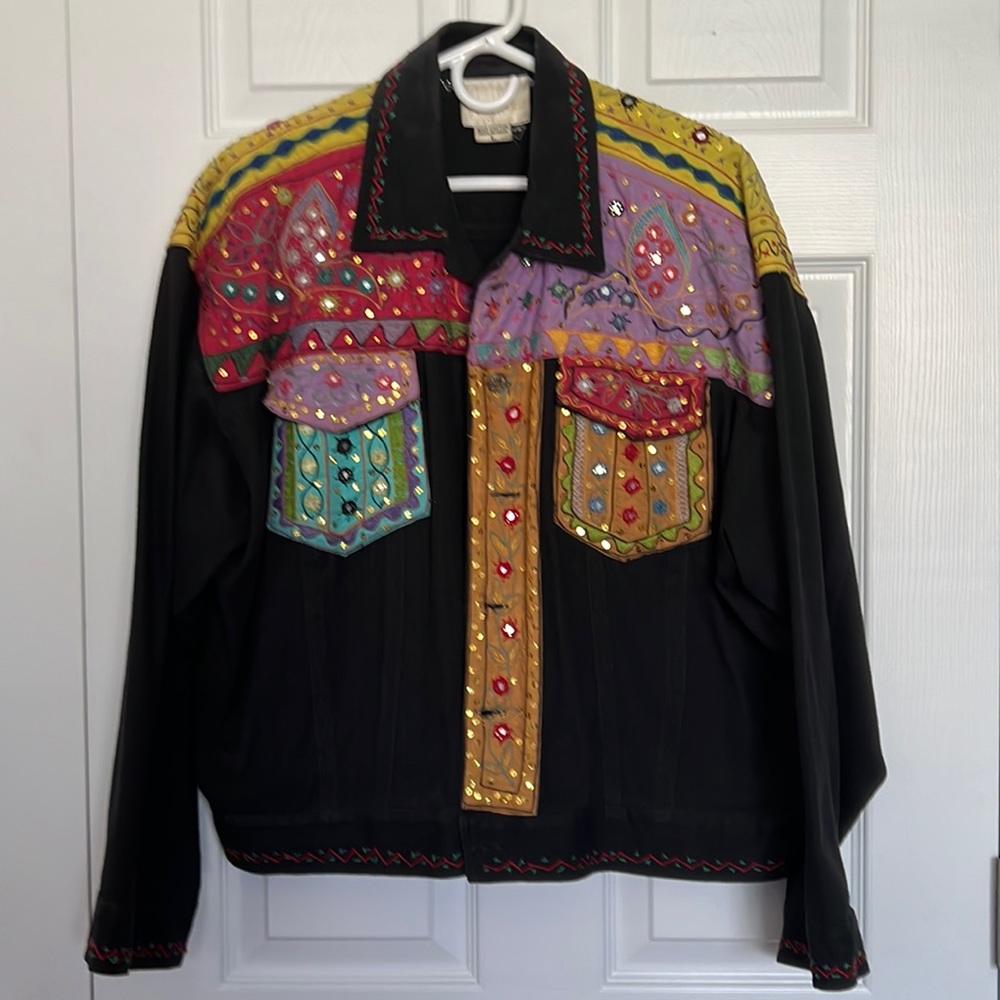 Honeybee, black denim jacket, embellished, size L, vintage circa  late 1980's